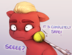 Size: 2452x1883 | Tagged: safe, artist:buttersprinkle, izzy moonbow, sprout cloverleaf, earth pony, pony, unicorn, g5, my little pony: a new generation, ball, cheek squish, dialogue, female, floppy ears, horn, internal screaming, izzy's tennis ball, long horn, male, mare, squishy cheeks, stallion, tennis ball, terrified, this will not end well