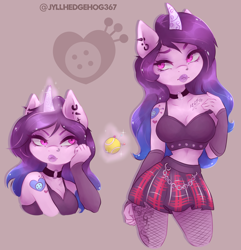 Size: 3850x4000 | Tagged: safe, artist:jyllhedgehog367, izzy moonbow, unicorn, anthro, g5, alternate hairstyle, ball, breasts, chains, choker, cleavage, clothes, ear piercing, glowing, glowing horn, goth, goth izzy, high res, horn, izzy's tennis ball, nose piercing, piercing, simple background, skirt, stockings, tattoo, tennis ball, thigh highs