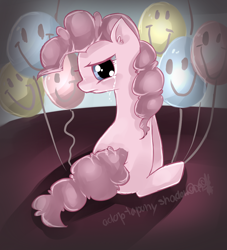Size: 1000x1100 | Tagged: safe, artist:aquagalaxy, pinkie pie, earth pony, pony, g4, balloon, crying, discorded, discorded pinkie pie, looking back, sitting, solo