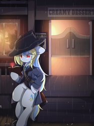 Size: 2048x2732 | Tagged: artist needed, safe, oc, oc:bertha icey windsor, pony, unicorn, bar, bipedal, bipedal leaning, book, bounty hunter, female, floppy ears, gun, hat, high res, leaning, long hair, mare, overcoat, rain, standing, weapon