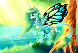 Size: 3700x2500 | Tagged: safe, artist:aquagalaxy, oc, oc only, alicorn, pony, adoptable, alicorn oc, butterfly wings, high res, horn, leonine tail, solo, tail, tree, water, watermark, wings