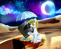 Size: 1500x1200 | Tagged: safe, artist:aquagalaxy, oc, oc only, earth pony, pony, desert, eclipse, lunar eclipse, male, moon, solo, stallion, stars, umbrella, unshorn fetlocks