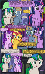 Size: 1920x3168 | Tagged: safe, artist:alexdti, starlight glimmer, sunset shimmer, twilight sparkle, oc, oc:brainstorm (alexdti), oc:star logic, alicorn, pony, unicorn, comic:quest for friendship, g4, comic, dialogue, ears back, female, folded wings, grin, high res, horn, lidded eyes, looking at each other, looking at someone, male, mare, narrowed eyes, offscreen character, open mouth, open smile, raised hoof, smiling, speech bubble, stallion, twilight sparkle (alicorn), two toned mane, underhoof, unicorn oc, wings