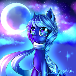 Size: 500x500 | Tagged: safe, artist:aquagalaxy, oc, oc only, oc:sapphire crescent, pony, braid, clothes, moon, scarf, sitting, solo