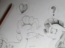 Size: 4096x3008 | Tagged: safe, artist:pony-berserker, pinkie pie, rarity, earth pony, pony, unicorn, g4, heart, monochrome, question mark, sketch, tongue out, traditional art