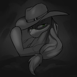 Size: 2522x2522 | Tagged: safe, artist:kirasunnight, applejack, earth pony, pony, g4, gray background, grayscale, high res, looking at you, monochrome, mouth hold, simple background, solo