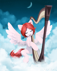 Size: 2000x2500 | Tagged: safe, artist:inowiseei, oc, oc only, oc:weathervane, pegasus, pony, cloud, crescent moon, eyes closed, harp, high res, moon, musical instrument, solo