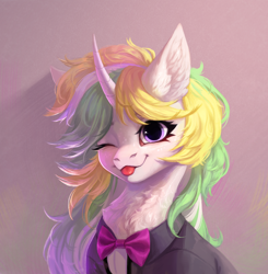 Size: 2696x2750 | Tagged: safe, artist:miurimau, oc, oc only, pony, unicorn, chest fluff, ear fluff, high res, multicolored mane, one eye closed, solo, tongue out