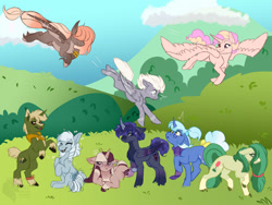 Size: 1280x961 | Tagged: safe, artist:grumpygriffcreation, oc, oc only, alicorn, bat pony, earth pony, pegasus, pony, unicorn, alicorn oc, clothes, earth pony oc, eyes closed, female, flying, folded wings, glasses, horn, laughing, looking at each other, looking at someone, looking back, male, mare, scarf, spread wings, stallion, unicorn oc, wings