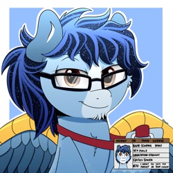 Size: 2000x2000 | Tagged: safe, artist:h3nger, oc, oc only, oc:soaring spirit, pegasus, pony, abstract background, armor, chest fluff, chin fluff, coat markings, colored wings, commission, facial markings, glasses, high res, horny on main, id card, license, male, multicolored hair, multicolored mane, multicolored wings, pegasus oc, socks (coat markings), solo, spread wings, stallion, three toned wings, wing armor, wing brace, wings