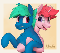 Size: 3084x2709 | Tagged: safe, artist:uliovka, oc, oc only, oc:basura, oc:supermoix, pegasus, pony, unicorn, bipedal, concerned, duo, duo male, glasses, heterochromia, high res, hug, male, not gay, simple background, smiling, stallion, yellow background