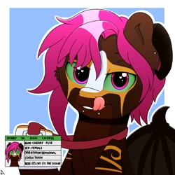 Size: 2000x2000 | Tagged: safe, artist:h3nger, oc, oc only, oc:cherry fuse, pony, succubus, succubus pony, abstract background, bat wings, coat markings, colored pupils, facial markings, female, goat horns, high res, horns, horny on main, id card, license, licking, licking lips, looking at you, mare, piercing, solo, succubus oc, tongue out, wings