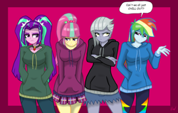 Size: 3403x2169 | Tagged: safe, artist:lennondash, aria blaze, limestone pie, rainbow dash, sour sweet, equestria girls, g4, clothes, denim, denim skirt, equestria girls-ified, female, gem, high res, hoodie, limetsun pie, pants, pigtails, simple background, siren gem, skirt, sourdere, speech bubble, tsundaria, tsunderainbow, tsundere, twintails