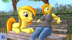 Size: 3840x2160 | Tagged: safe, artist:pootanger_sfm, spitfire, pegasus, pony, anthro, g4, 3d, alternate hairstyle, anthro ponidox, high res, looking at you, outdoors, self paradox, self ponidox, smiling, source filmmaker