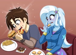 Size: 3700x2671 | Tagged: safe, artist:ameliacostanza, trixie, human, equestria girls, g4, burger, clothes, commission, crackers, crossover, donut, eating, fast food, food, high res, male, marvel, open mouth, peter parker, pizza, plate, shirt, sitting, skirt, spider-man, table, teenager