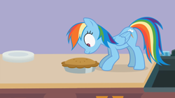 Size: 1920x1080 | Tagged: safe, artist:forgalorga, rainbow dash, pegasus, pony, your little cat 3, g4, crouching, female, food, kitchen, mare, pie, plate, sink, sniffing, solo