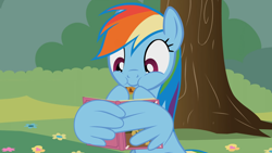 Size: 1920x1080 | Tagged: safe, artist:agrol, rainbow dash, pegasus, pony, just relax and read, g4, book, cookie, cute, dashabetes, female, food, hoof hold, mare, reading, solo, tree, wing hands, wing hold, wings
