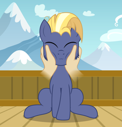 Size: 1963x2035 | Tagged: safe, artist:badumsquish, derpibooru exclusive, star tracker, earth pony, human, pony, g4, once upon a zeppelin, season 7, :3, airship, badumsquish is trying to murder us, cheek fluff, cheek rub, cheek squish, cloud, cute, disembodied hand, eyes closed, fog, freckles, hand, human on pony petting, male, male focus, mountain, mountain range, offscreen character, offscreen human, petting, pov, show accurate, sky, smiling, solo focus, squished, squishy cheeks, stallion, trackerbetes, zeppelin
