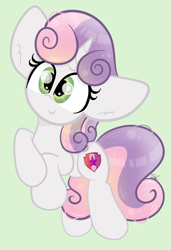 Size: 674x986 | Tagged: safe, artist:sugarcloud12, sweetie belle, pony, unicorn, g4, big ears, cute, diasweetes, female, filly, foal, green background, simple background, smiling, solo, weapons-grade cute