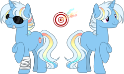 Size: 2258x1364 | Tagged: safe, artist:dayspring-dawnyt, oc, oc only, pony, unicorn, bandage, full body, hooves, horn, lidded eyes, magical lesbian spawn, male, offspring, parent:rainbow dash, parent:trixie, parents:trixdash, raised hoof, simple background, smiling, solo, stallion, standing, sunglasses, tail, transparent background, unicorn oc