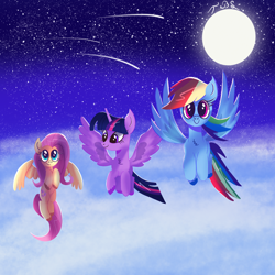 Size: 3000x3000 | Tagged: safe, artist:thebigstuff89, fluttershy, rainbow dash, twilight sparkle, alicorn, pegasus, pony, g4, cloud, flying, looking at you, moon, night, shooting star, sky, spread wings, stars, twilight sparkle (alicorn), wings