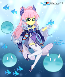 Size: 1760x2073 | Tagged: safe, artist:tabrony23, fluttershy, fish, human, equestria girls, g4, beautiful, breasts, bubble, busty fluttershy, clothes, cosplay, costume, crepuscular rays, crossover, cute, dress, female, genshin impact, gloves, grin, looking at you, ocean, patreon, patreon logo, pigtails, sandals, sangonomiya kokomi (genshin impact), shoes, show accurate, shyabetes, signature, slimes (genshin impact), smiling, smiling at you, socks, solo, sparkles, sunlight, swimming, thigh highs, underwater, video game crossover, water