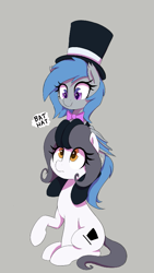 Size: 473x840 | Tagged: safe, artist:thebatfang, oc, oc only, oc:hattsy, oc:lucky roll, bat pony, earth pony, pony, aggie.io, bow, duo, female, gray background, hat, mare, pony hat, raised hoof, simple background, sitting, smiling, top hat
