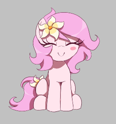 Size: 264x283 | Tagged: safe, artist:thebatfang, oc, oc only, oc:kayla, earth pony, pony, aggie.io, blushing, cute, earth pony oc, eyes closed, female, filly, flower, flower in hair, foal, gray background, mare, simple background, sitting, solo