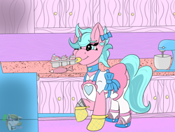 Size: 1600x1200 | Tagged: safe, artist:gray star, derpibooru exclusive, oc, oc:candy chip, cyborg, pony, unicorn, baker, bow, collar, cupcake, food, hair bow, oven mitts, stove