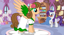 Size: 695x381 | Tagged: safe, artist:healercharm, rarity, oc, oc:jade butterfly, pegasus, pony, unicorn, g4, carousel boutique, clothes, dress, fabric, female, flower, glasses, horn, mannequin, mare, marriage, raised hoof, rarity's glasses, rose, shoes, spread wings, thread, wedding, wedding dress, window, wings
