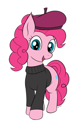 Size: 923x1409 | Tagged: safe, artist:wapamario63, pinkie pie, earth pony, pony, g4, beret, clothes, colored, cute, female, flat colors, full body, hat, looking at you, mare, open mouth, open smile, signature, simple background, smiling, smiling at you, solo, standing, sweater, transparent background, turtleneck