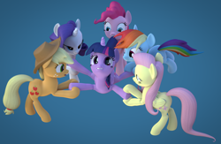 Size: 4000x2600 | Tagged: safe, artist:wissle, applejack, fluttershy, pinkie pie, rainbow dash, rarity, twilight sparkle, alicorn, earth pony, pegasus, pony, unicorn, g4, 3d, atg 2022, bedroom eyes, biting, blender, competition, eyes on the prize, female, flying, high res, lesbian, lip bite, looking at you, mane six, mare, newbie artist training grounds, not sure if want, open mouth, pulling, shipping, simple background, tail, tail bite, tail pull, twilight sparkle (alicorn), twilight sparkle gets all the mares