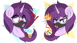 Size: 4388x2472 | Tagged: safe, artist:czu, oc, oc only, oc:czupone, pony, unicorn, ..., angry, blushing, cross-popping veins, emoji, exclamation point, fire, interrobang, looking at you, mask, mute, question mark, simple background, white background