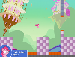 Size: 450x338 | Tagged: safe, pinkie pie, earth pony, pony, g4, chaos, crazy pony, discorded landscape, female, game, jumping, mare, pixel art, ponyville, text, town hall
