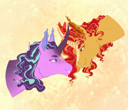 Size: 1024x875 | Tagged: safe, artist:kevinscorner, artist:totallyadorito, starlight glimmer, sunset shimmer, pony, unicorn, g4, blaze (coat marking), coat markings, crossed horns, duo, duo female, facial markings, female, heart, horn, horns are touching, looking at each other, looking at someone, mare, star (coat marking), sunlight