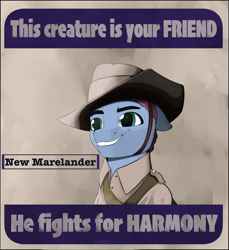 Size: 4210x4601 | Tagged: safe, artist:leotheunicorn, derpibooru exclusive, earth pony, pony, equestria at war mod, grin, male, poster, poster parody, propaganda, slouch hat, smiling, solo, this is your friend
