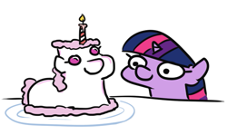 Size: 617x367 | Tagged: safe, artist:jargon scott, twilight sparkle, pony, unicorn, g4, cake, candle, female, filly, filly twilight sparkle, food, looking at something, simple background, smiling, solo, squatpony, twiggie, unicorn twilight, white background, younger