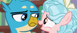 Size: 1219x533 | Tagged: safe, screencap, cozy glow, gallus, griffon, pegasus, pony, g4, what lies beneath, cropped, duo, female, filly, foal, gallus is not amused, male, unamused