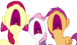 Size: 1543x900 | Tagged: safe, artist:iks83, apple bloom, scootaloo, sweetie belle, earth pony, pegasus, pony, unicorn, g4, hearts and hooves day (episode), aaugh!, animated, bad end, big no, cutie mark crusaders, female, filly, foal, hearts and hooves day, nose in the air, open mouth, screaming, simple background, tongue out, transparent background, trio, uvula, volumetric mouth, yelling