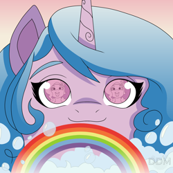 Size: 2000x2000 | Tagged: safe, artist:digitaldrawingmachine, izzy moonbow, pipp petals, pony, unicorn, g5, bubble, close-up, comic, eye reflection, high res, rainbow, redraw, reflection, shipping fuel, solo