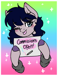 Size: 1557x2025 | Tagged: safe, artist:drawing-assassin-art, derpibooru exclusive, oc, oc only, advertisement, blushing, commission info, commission open, ear blush, eyebrows, eyebrows visible through hair, female, gradient background, mare, one eye closed, raised hooves, sign, sparkles, tongue out, wink