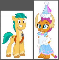 Size: 1326x1346 | Tagged: safe, artist:darlycatmake, hitch trailblazer, smolder, dragon, earth pony, pony, g4, g5, my little pony: tell your tale, badge, clothes, cute, dragon tail, dragon wings, dragoness, dress, female, froufrou glittery lacy outfit, gloves, happy, hat, hennin, hitchbetes, long gloves, male, medallion, princess, princess smolder, smiling, smolder also dresses in style, smolderbetes, stallion, tail, wings