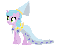 Size: 657x513 | Tagged: safe, artist:glittertiara, oc, oc only, oc:snowy, earth pony, pony, cape, clothes, dressup, ear piercing, female, happy, hat, hennin, jewelry, piercing, princess, robe, robes, simple background, smiling, solo, white background