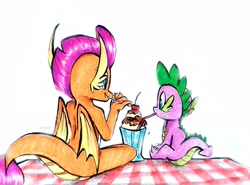 Size: 4045x2997 | Tagged: safe, artist:liaaqila, smolder, spike, dragon, g4, cherry, dragoness, duo, female, food, ice cream, male, sharing a drink, simple background, straw, sundae, traditional art, watercolor painting, white background
