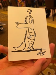Size: 3024x4032 | Tagged: safe, artist:andypriceart, gummy, alligator, g4, bipedal, everfree northwest, everfree northwest 2022, ink drawing, question mark, solo, traditional art