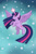 Size: 842x1280 | Tagged: safe, artist:lixa, twilight sparkle, alicorn, pony, g4, female, flying, glowing, glowing horn, horn, magic, mare, one eye closed, smiling, solo, spread wings, starry background, twilight sparkle (alicorn), wings, wink