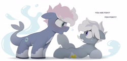 Size: 4096x1982 | Tagged: safe, artist:mochi_nation, oc, oc only, oc:silver bolt, oc:water socks, earth pony, pony, blushing, coat markings, dialogue, duo, female, looking at each other, looking at someone, lying down, male, mare, on back, simple background, stallion, super powers, water, white background