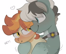 Size: 2605x2150 | Tagged: safe, artist:mochi_nation, oc, oc only, oc:flame egg, oc:turquoise (mochi_nation), earth pony, pony, badge, blushing, coat markings, eye clipping through hair, female, heart, high res, hug, hug from behind, looking at each other, looking at someone, male, mare, simple background, smiling, stallion, straight, tsundere, white background