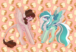 Size: 1600x1100 | Tagged: safe, artist:puppie, oc, oc only, oc:ditzy, oc:raevyn, pegasus, pony, bread, chest fluff, cute, eyes closed, food, leonine tail, raspberry, smiling, spread wings, tail, tongue out, wings