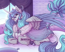 Size: 1280x1024 | Tagged: safe, artist:snowberry, oc, oc only, oc:prince plushy soft, alicorn, pony, alicorn oc, bedroom, curved horn, cute, feather, fluffy, horn, leonine tail, lidded eyes, lying, male, pillow, ponyloaf, pretty, prince, prone, smiling, solo, sparkles, stallion, tail, unshorn fetlocks, wings